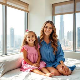 A smiling woman with long, wavy hair sitting on a bed alongside a cheerful small girl dressed in a pink dress