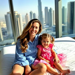 A smiling woman with long, wavy hair sitting on a bed alongside a cheerful small girl dressed in a pink dress