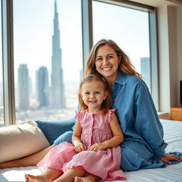 A smiling woman with long, wavy hair sitting on a bed alongside a cheerful small girl dressed in a pink dress