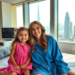 A smiling woman with long, wavy hair sits on a bed beside a cheerful small girl dressed in a pink dress