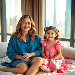 A smiling woman with long, wavy hair sits on a bed beside a cheerful small girl dressed in a pink dress