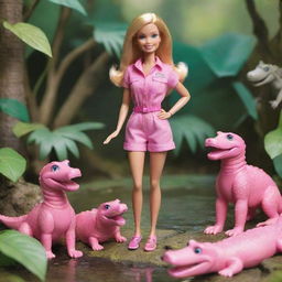 A cheerful Barbie doll, dressed in pink safari outfit, engaging in playful interaction with friendly, cartoonish crocodiles in a jungle setting.