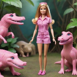 A cheerful Barbie doll, dressed in pink safari outfit, engaging in playful interaction with friendly, cartoonish crocodiles in a jungle setting.