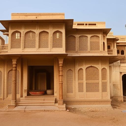 A 20 marla Indian-style house, showcasing rich architectural details such as jaali screens, ornate balconies, and sloping tiled roofs with vibrant colors.