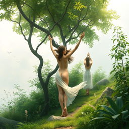 A tasteful and artistic depiction of a serene, natural setting with an emphasis on the beauty of the natural world, featuring graceful poses that accentuate the elegance of the human form without explicit detail