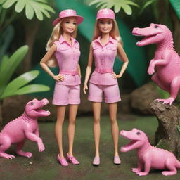 A cheerful Barbie doll, dressed in pink safari outfit, engaging in playful interaction with friendly, cartoonish crocodiles in a jungle setting.