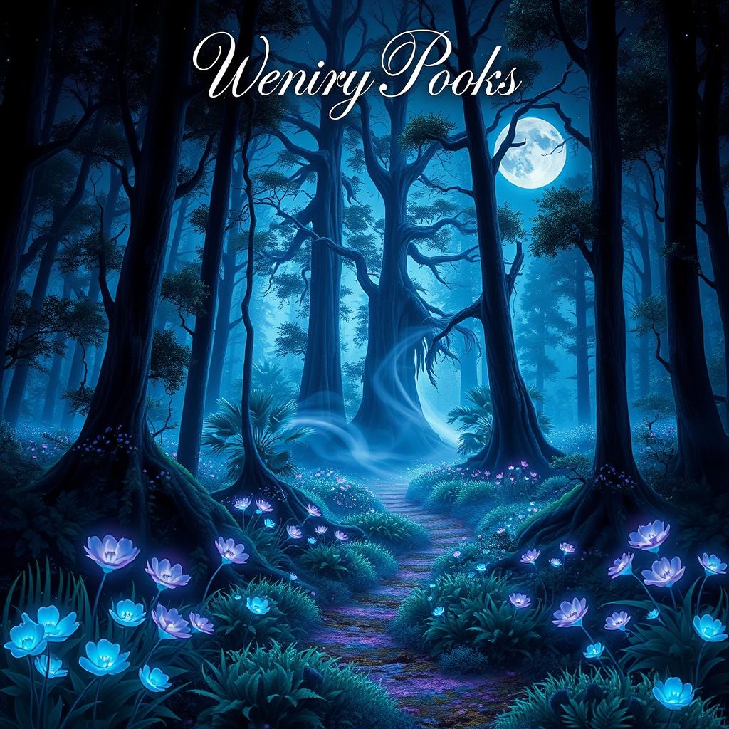 A captivating book cover featuring a mystical forest illuminated by soft moonlight