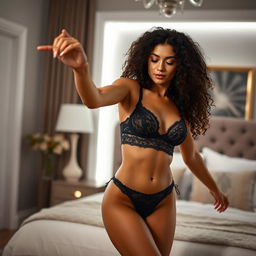 A hot girl with curly hair and large breasts dancing seductively in very small, sexy black lingerie that showcases her figure