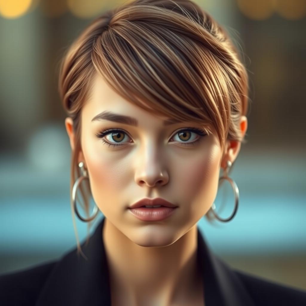 A portrait of a stylish person with bangs, showcasing a modern and trendy look