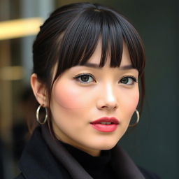 A portrait of a stylish person with bangs, showcasing a modern and trendy look