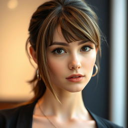 A portrait of a stylish person with bangs, showcasing a modern and trendy look