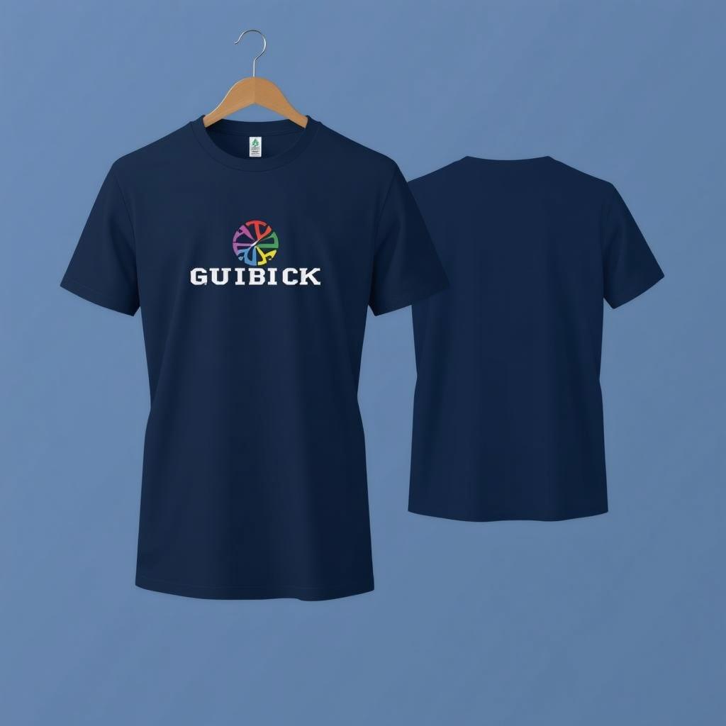 A simple navy blue T-shirt displayed on a wooden hanger with a clean, modern design