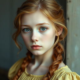 An 18-year-old young woman with copper blonde hair and light brown eyes