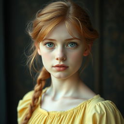 An 18-year-old young woman with copper blonde hair and light brown eyes