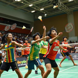 A vibrant scene depicting a group of diverse badminton players engaged in an intense match on a court