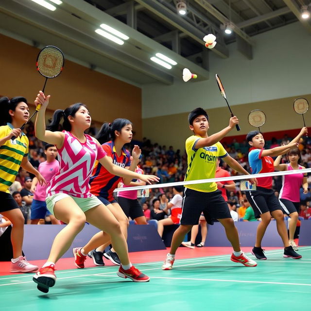 A vibrant scene depicting a group of diverse badminton players engaged in an intense match on a court