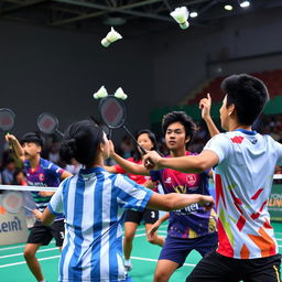 A vibrant scene depicting a group of diverse badminton players engaged in an intense match on a court