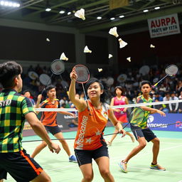 A vibrant scene depicting a group of diverse badminton players engaged in an intense match on a court