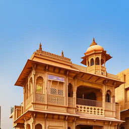 A 20 marla Indian-style house, showcasing rich architectural details such as jaali screens, ornate balconies, and sloping tiled roofs with vibrant colors.