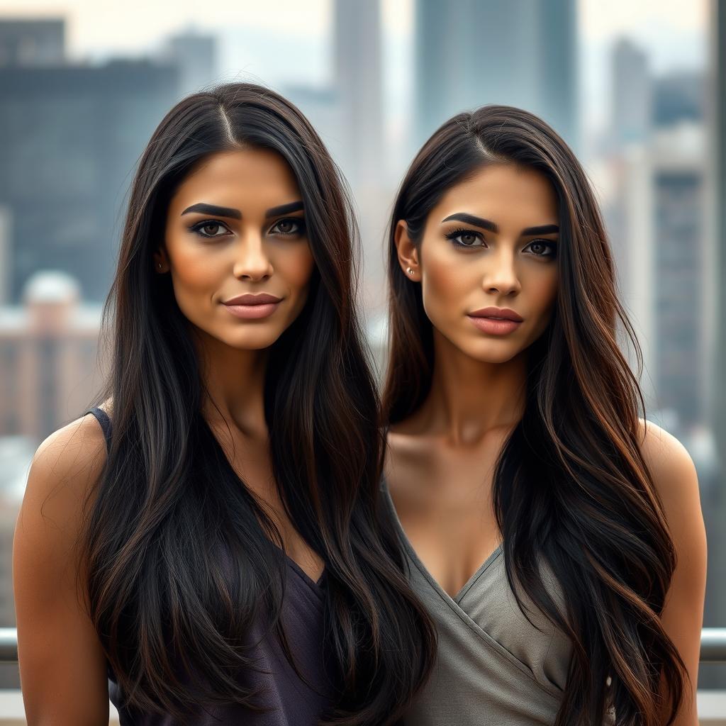 Realistic portrait of two brunette women standing side by side