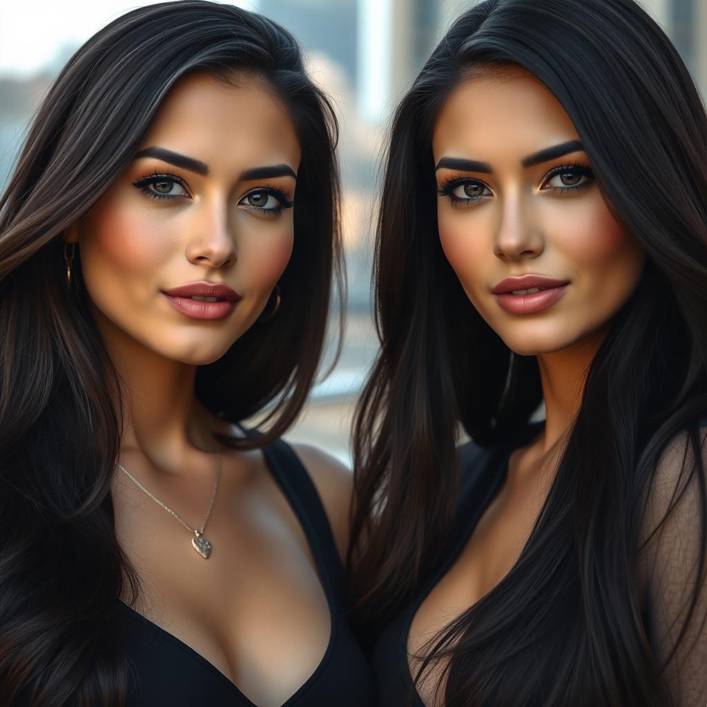 Realistic portrait of two brunette women standing side by side