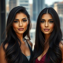 Realistic portrait of two brunette women standing side by side