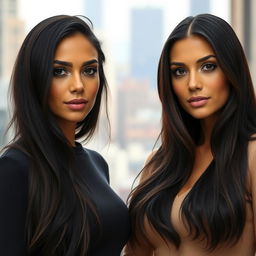 Realistic portrait of two brunette women standing side by side