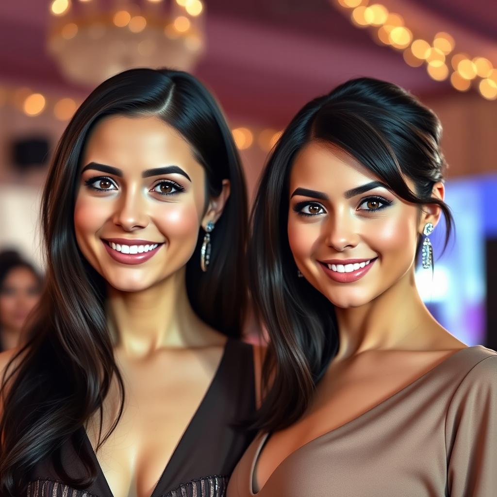 A realistic and vibrant portrait of actresses Sofia Carson and Jenna Ortega standing side by side