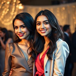 A realistic and vibrant portrait of actresses Sofia Carson and Jenna Ortega standing side by side