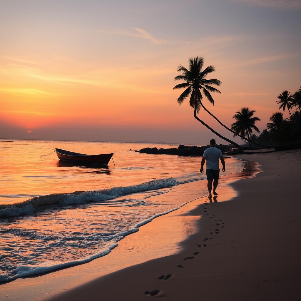 A serene beach scene during sunset, with gentle waves crashing onto the shore