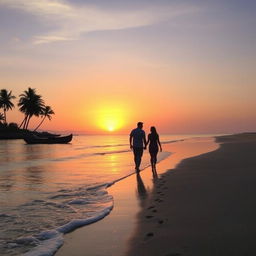 A serene beach scene during sunset, with gentle waves crashing onto the shore