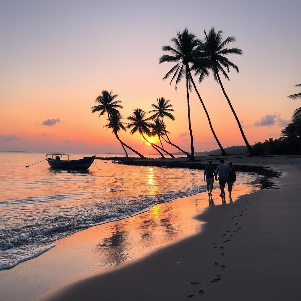 A serene beach scene during sunset, with gentle waves crashing onto the shore