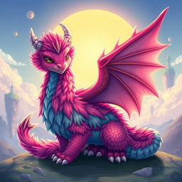 A digitally illustrated dragon with a vibrant and colorful fur coat, incorporating pixel art style