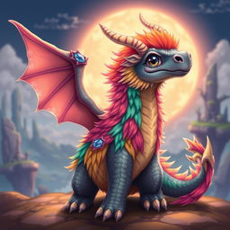 A digitally illustrated dragon with a vibrant and colorful fur coat, incorporating pixel art style