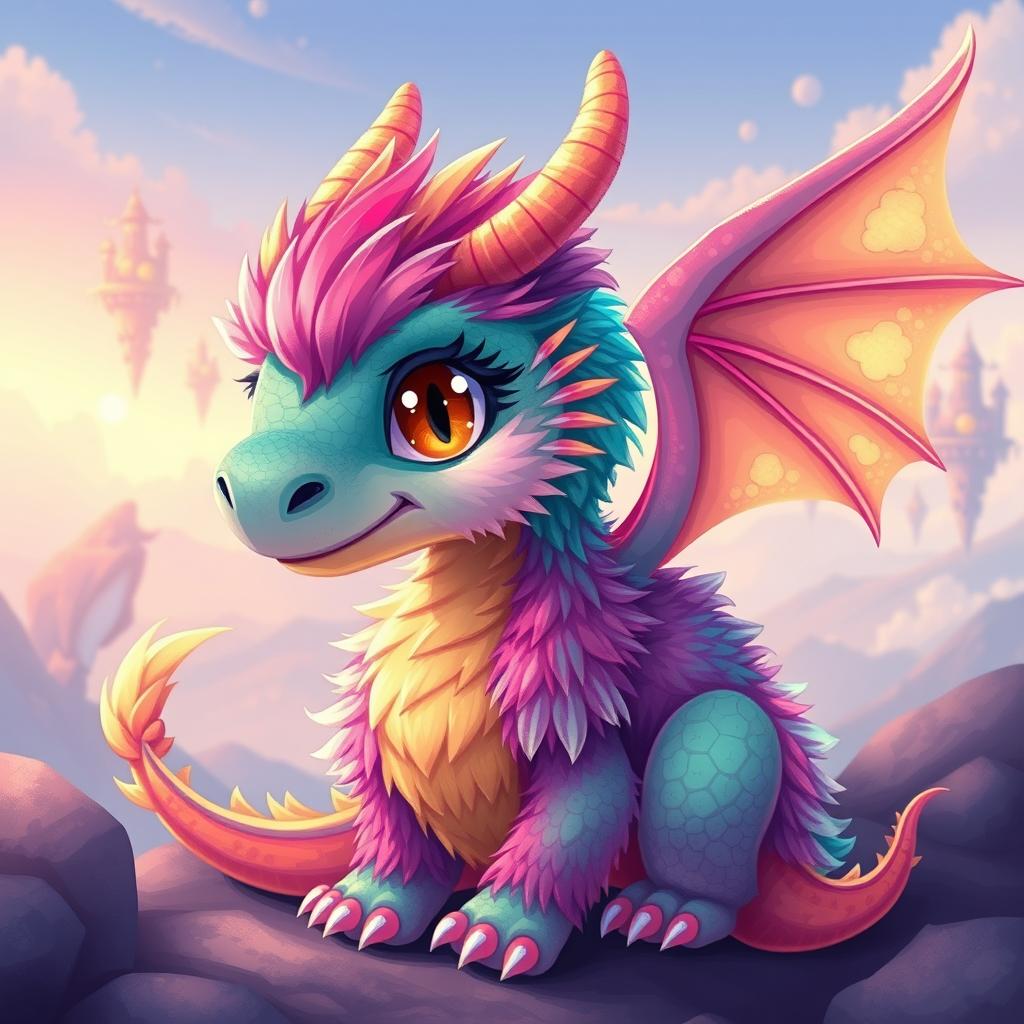 A digitally illustrated dragon with a vibrant and colorful fur coat, incorporating pixel art style