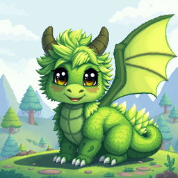 A digital pixel art representation of a green furry dragon