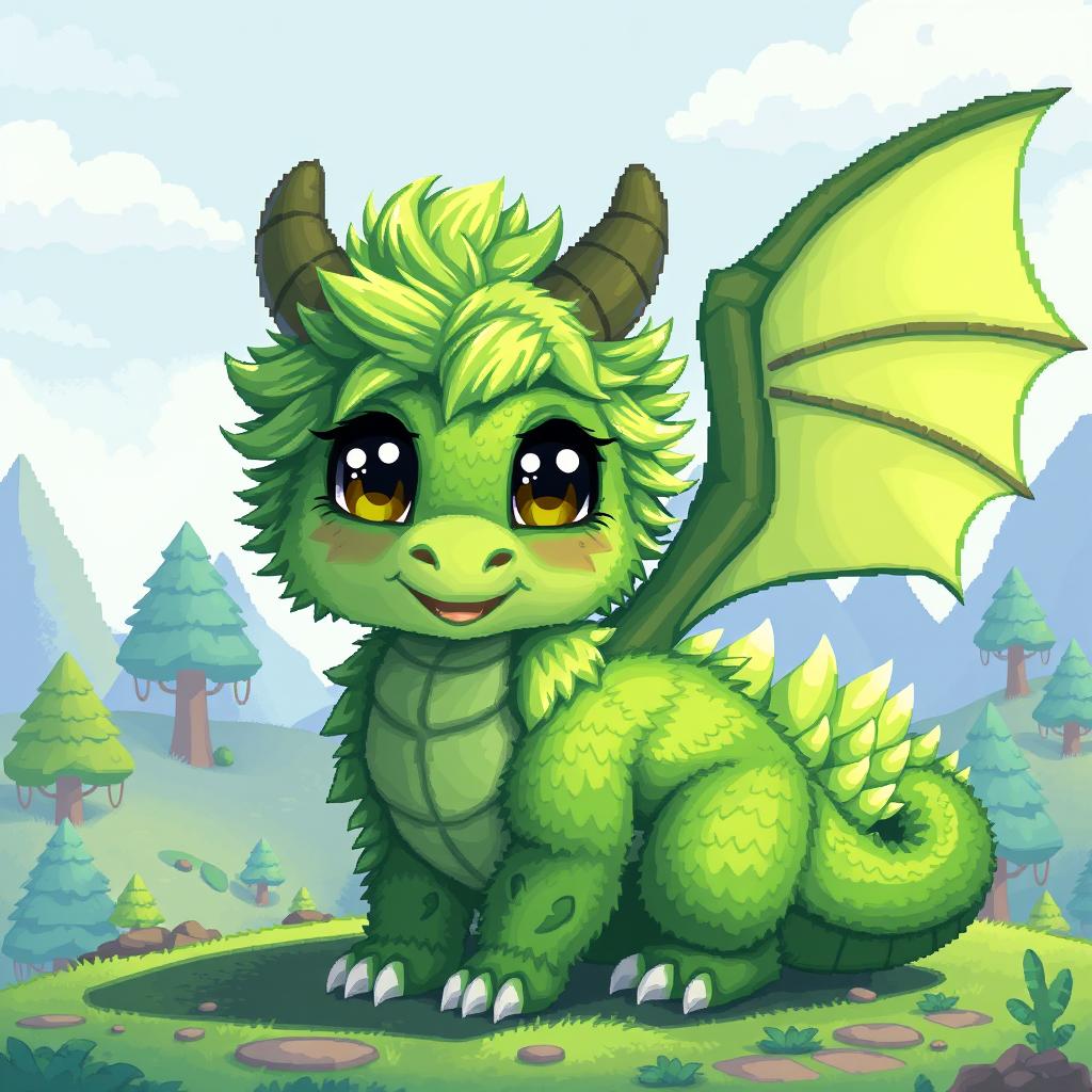 A digital pixel art representation of a green furry dragon
