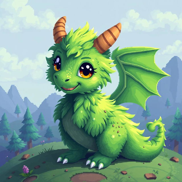 A digital pixel art representation of a green furry dragon