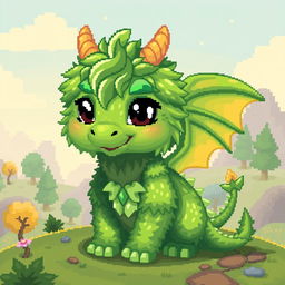 A digital pixel art representation of a green furry dragon