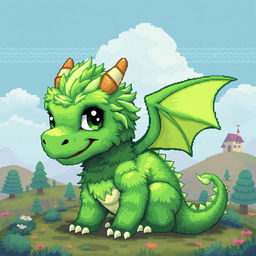 A digital pixel art representation of a green furry dragon