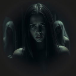 A dark and atmospheric scene featuring a central figure of a woman with fair skin and long, straight dark hair cascading over her shoulders