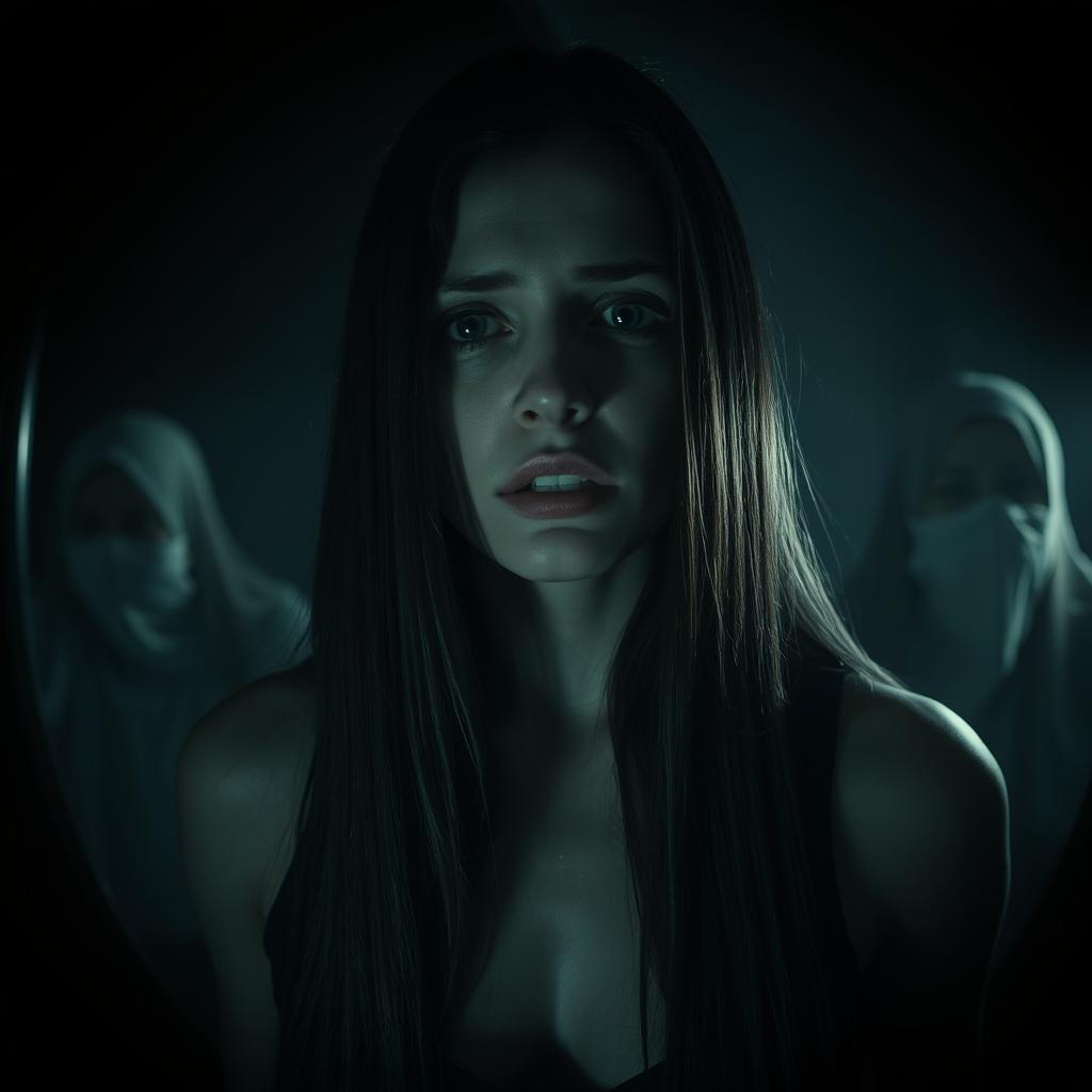 A dark and atmospheric scene featuring a central figure of a woman with fair skin and long, straight dark hair cascading over her shoulders