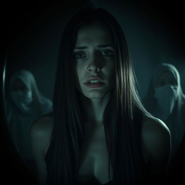 A dark and atmospheric scene featuring a central figure of a woman with fair skin and long, straight dark hair cascading over her shoulders