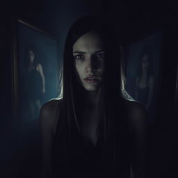 A dark and atmospheric scene featuring a central figure of a woman with fair skin and long, straight dark hair cascading over her shoulders