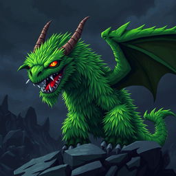 A digital pixel art depiction of a green furry dragon designed to be intimidating and scary