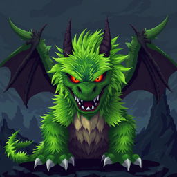 A digital pixel art depiction of a green furry dragon designed to be intimidating and scary