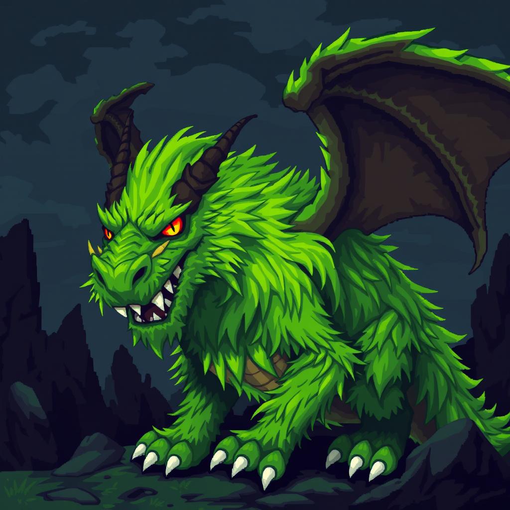 A digital pixel art depiction of a green furry dragon designed to be intimidating and scary