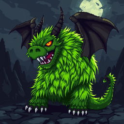 A digital pixel art depiction of a green furry dragon designed to be intimidating and scary