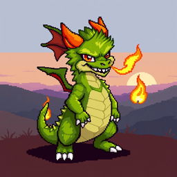 A pixel art style depiction of a green, furry dragon with human-like characteristics emitting flames