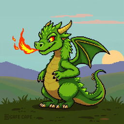 A pixel art style depiction of a green, furry dragon with human-like characteristics emitting flames